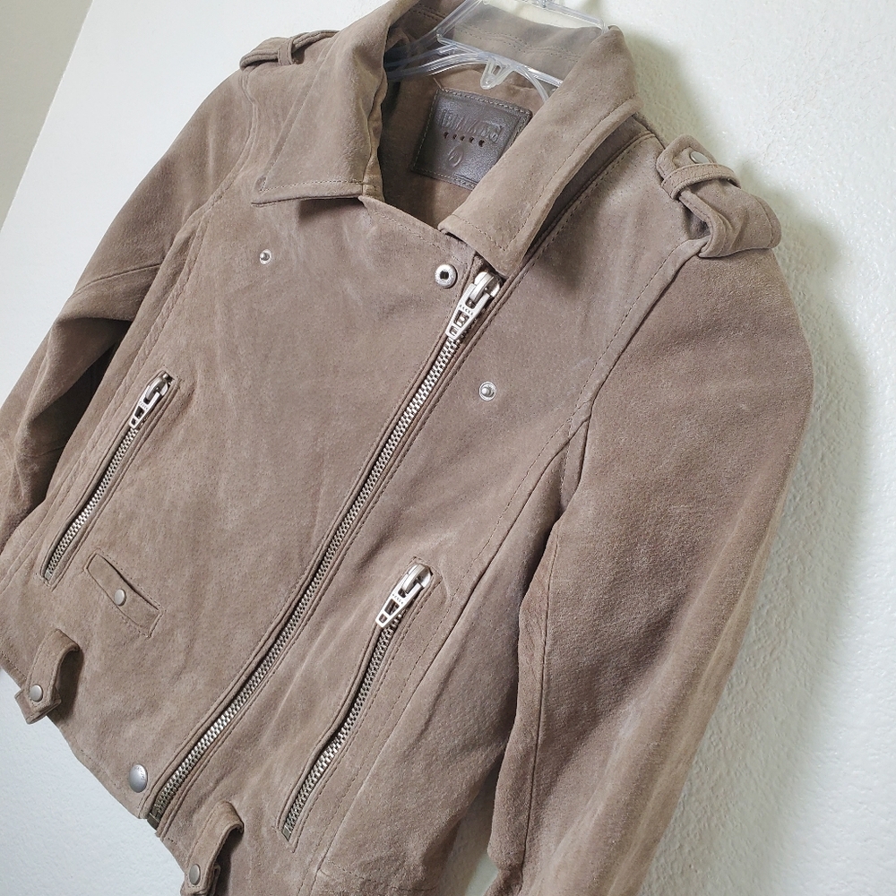 Blank NYC Genuine Leather Moto Jacket XS Tan Brown Suede Asymmetrical Zip Crop - Picture 3 of 14